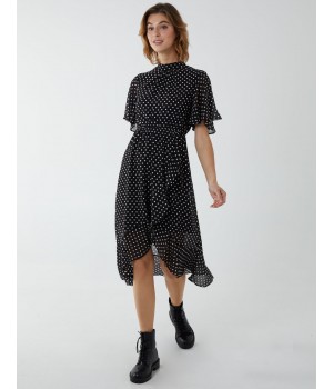 Blouson Wrap Skirt Ruffle Midi Dress