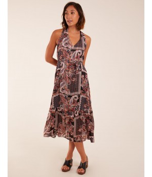 V Front Sleeveless Paisley Midi Dress With Detailed Straps