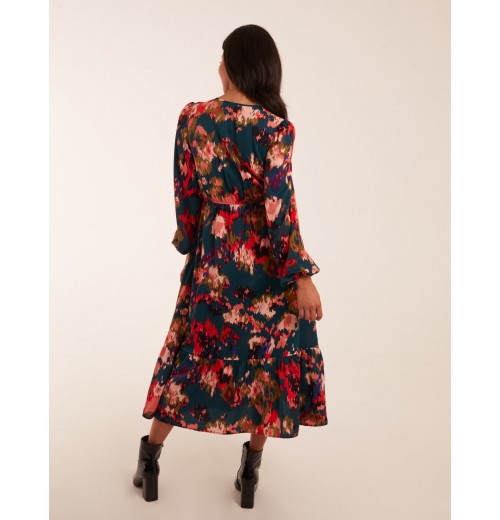 Floral V Neck Button Down Frill Hem Dress