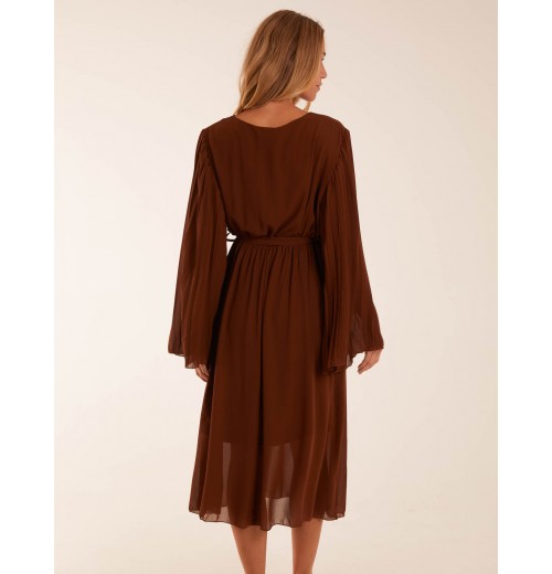 Wrap Front Pleated Sleeve Midi Dress