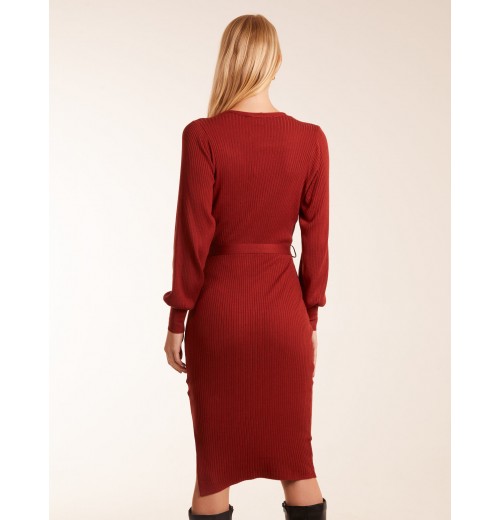 Ribbed V-Neck Tie Wrap Midi Dress