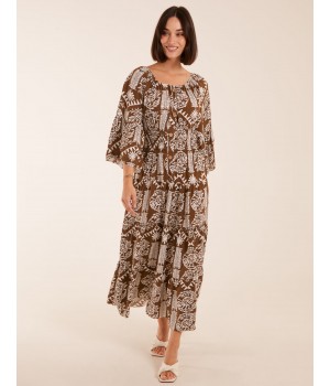 Print Button Front Scoop Neck Maxi Dress